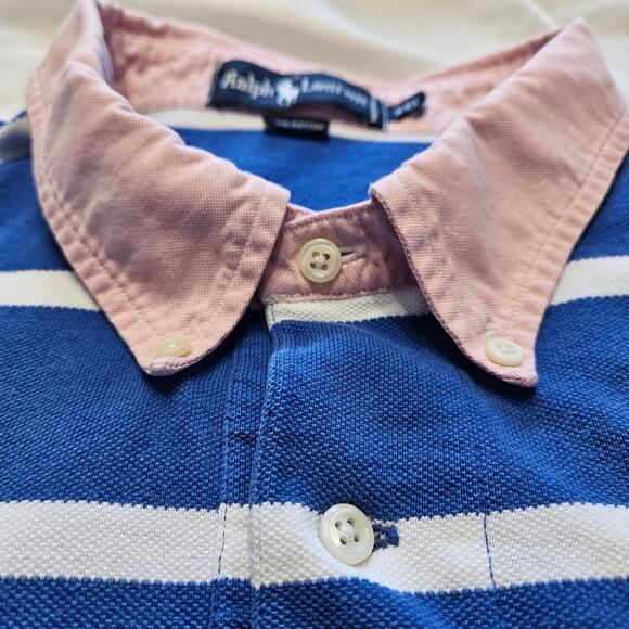 Vintage 90s Ralph Lauren Men's Striped Polo Pink Collar Button Down Blue Shirt - Picture 2 of 9